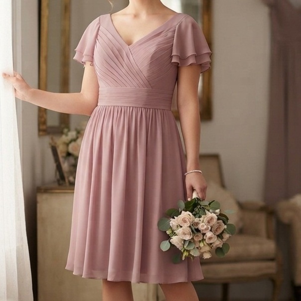 Azazie 3x Bridesmaid Dress Chiffon Pleated Flutter Sleeve Pink wedding guest